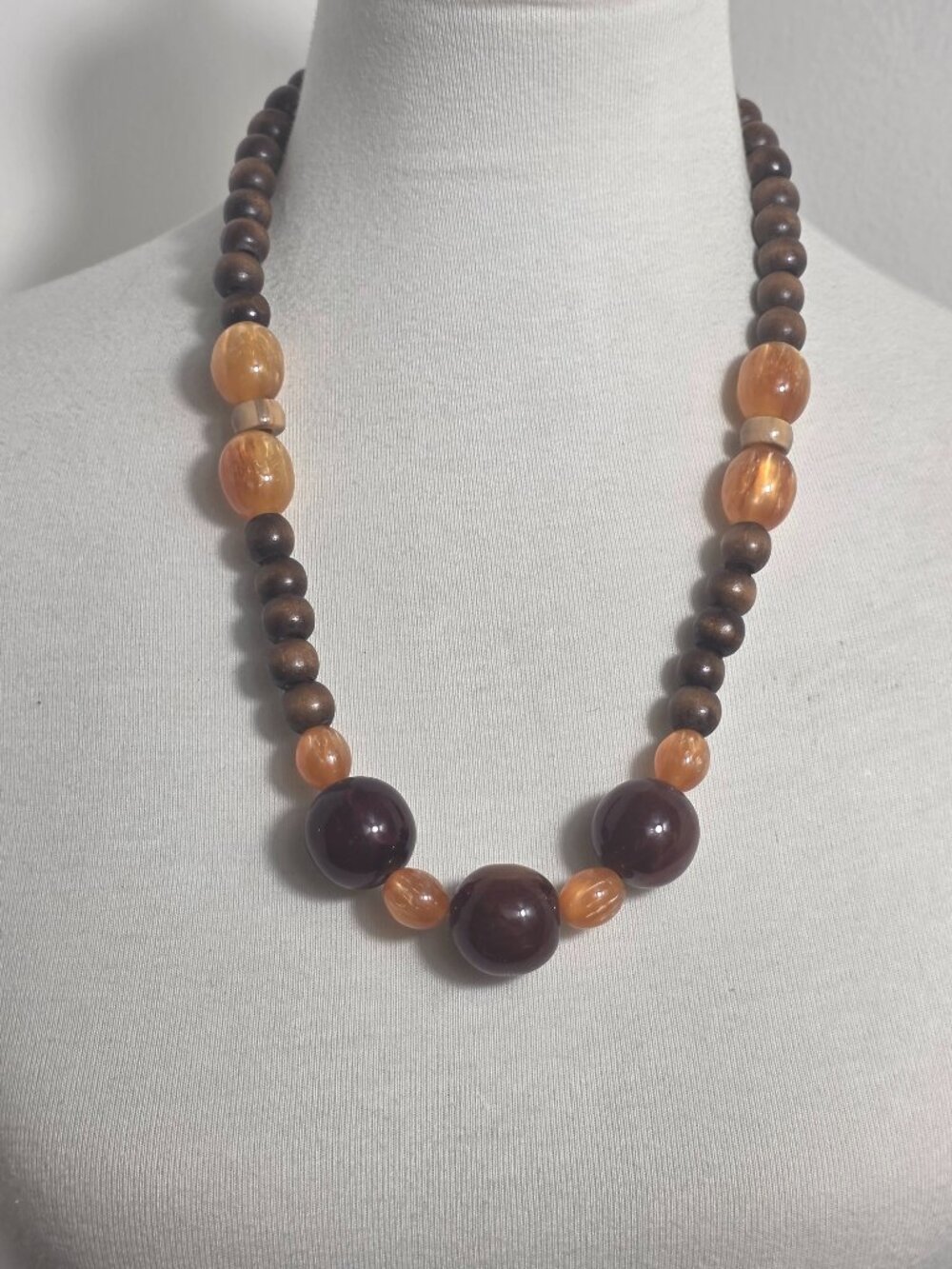 Chunky Beaded Necklace Brown Wood Beads with Marbled Amber & Brown Beads